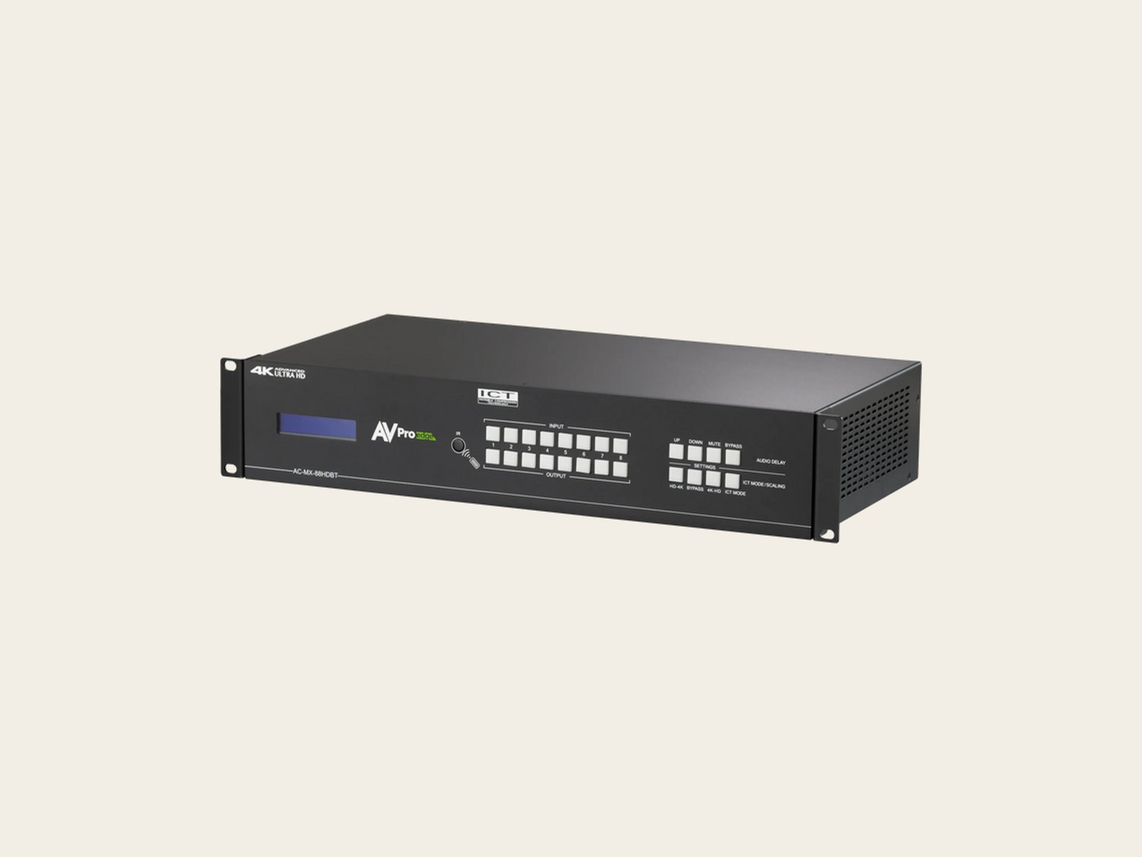 AVPro Edge rack-mounted HDMI matrix switch with glowing ports