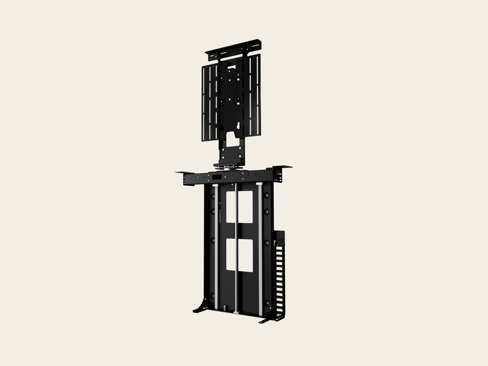 Future Automation motorized TV lift rising from a walnut cabinet