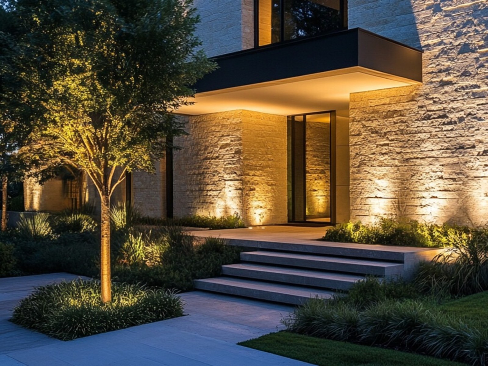 HK Lighting Group architectural landscape lighting on a modern stone facade at dusk