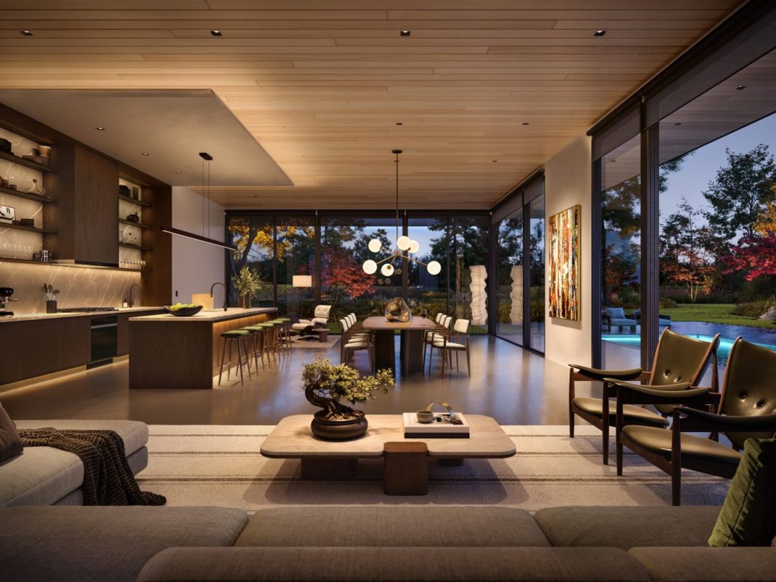 Ketra full-spectrum lighting in a warm open great room at dusk by Lutron