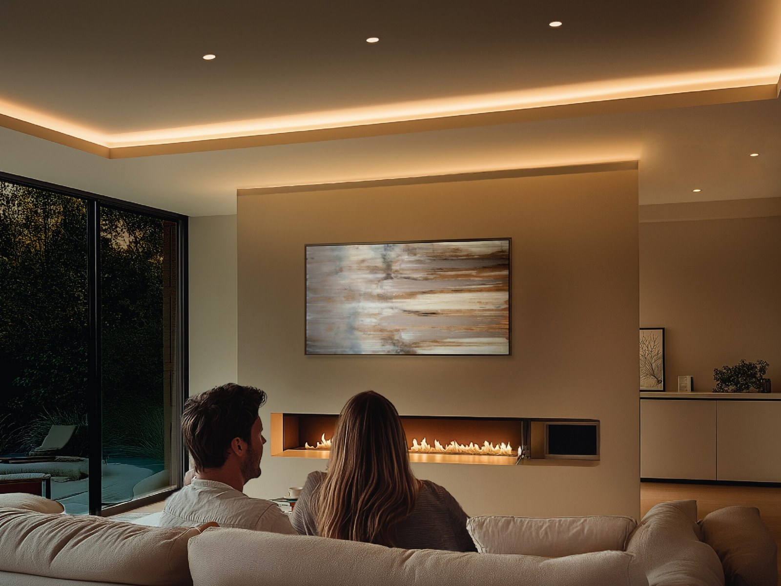 WAC Aispire tunable-white cove and downlighting in a warm modern living room