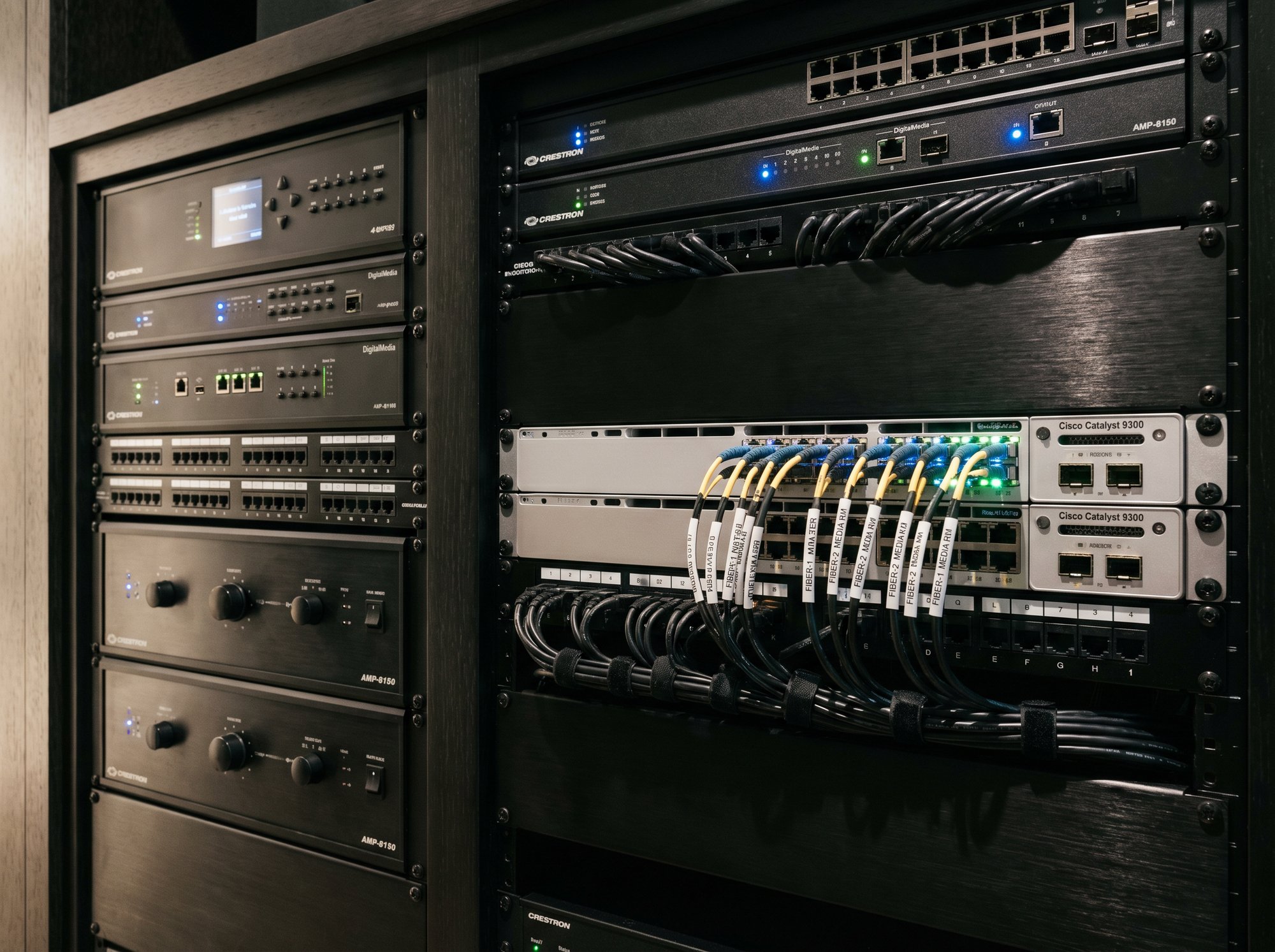 Professionally organized AV equipment rack with Crestron, Cisco, and amplifier components
