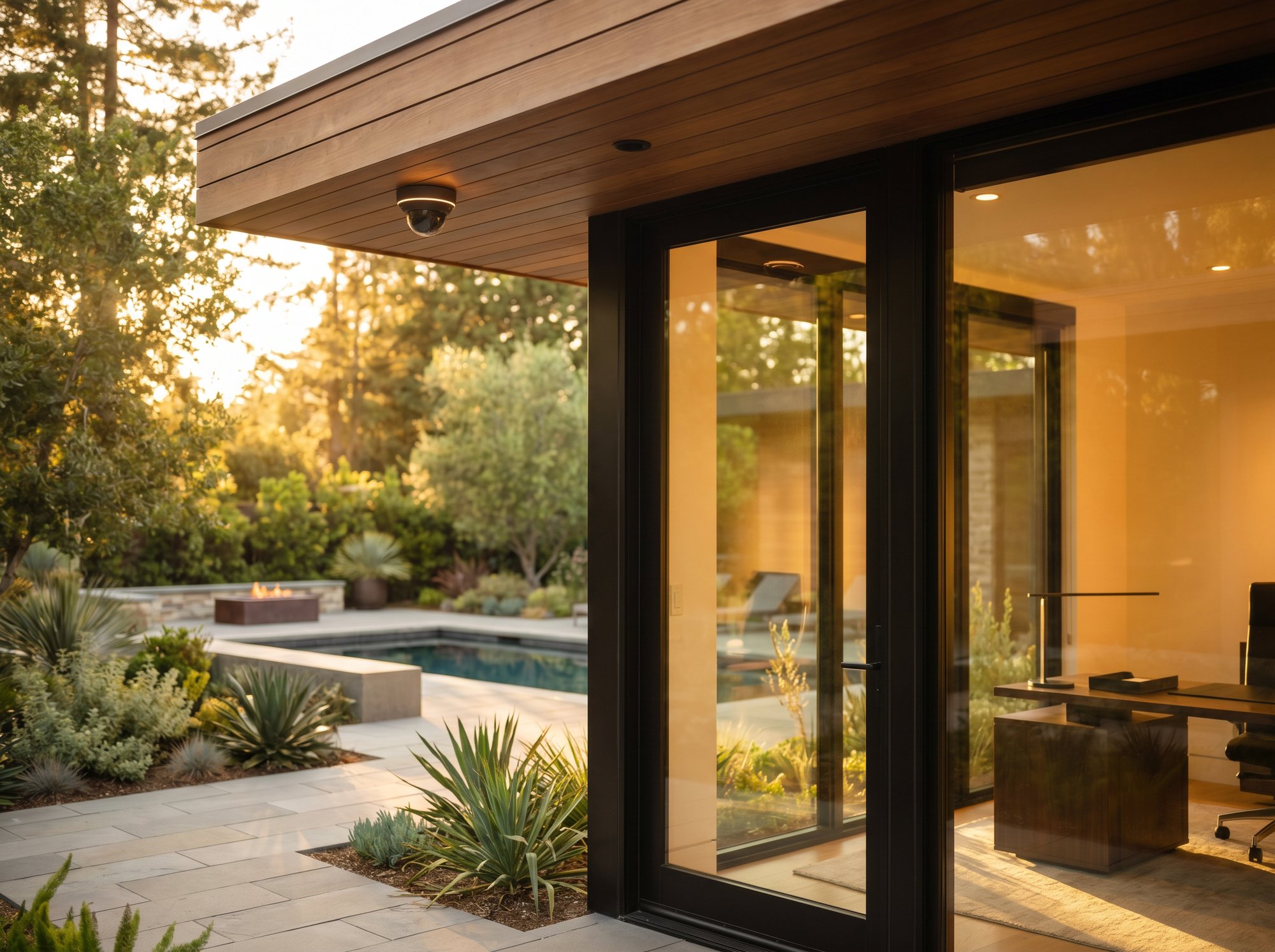 Exterior patio at golden hour with a discreet dome camera mounted beneath a modern overhang