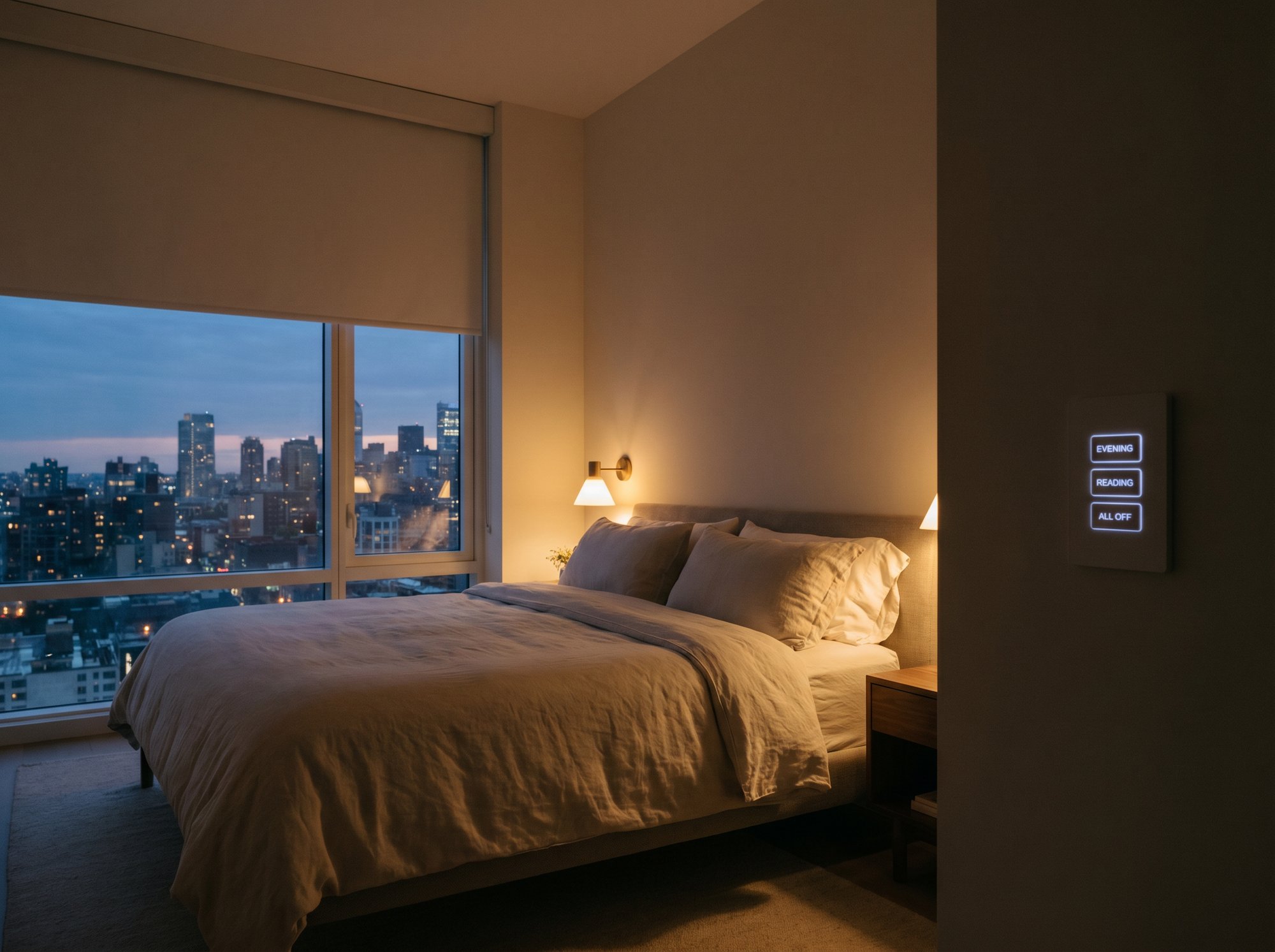 Luxury bedroom at dusk with a motorized shade lowering over a city-view window and a glowing keypad