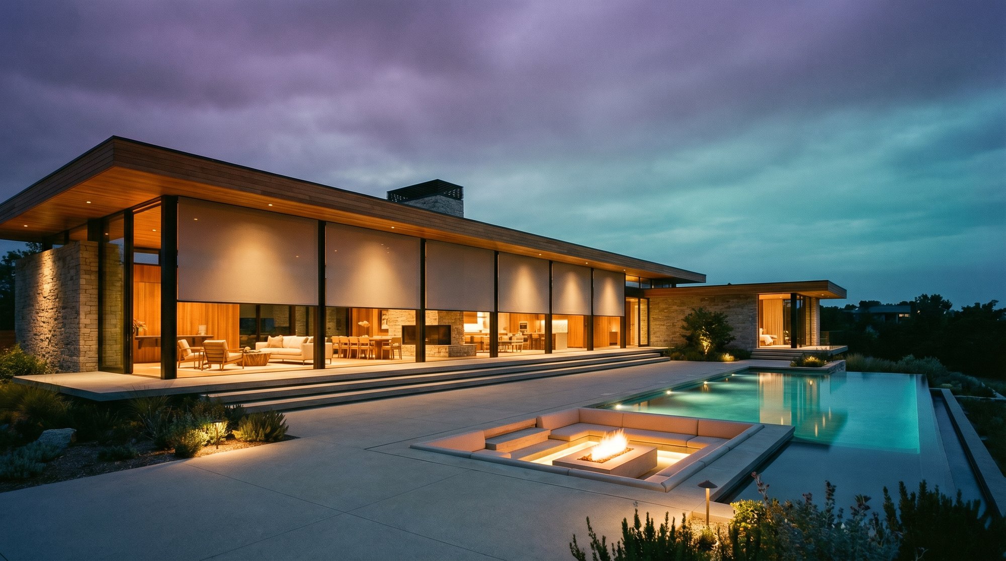 Modern glass home exterior at twilight with motorized shades