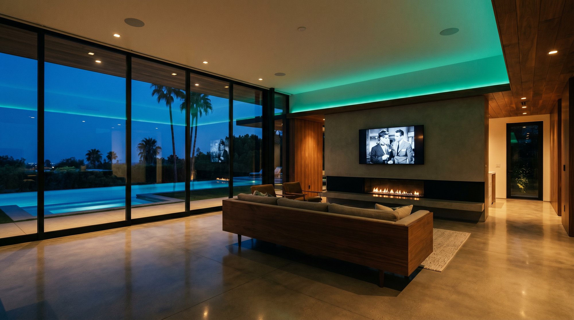 Modern poolside living room with floating fireplace and cove LED