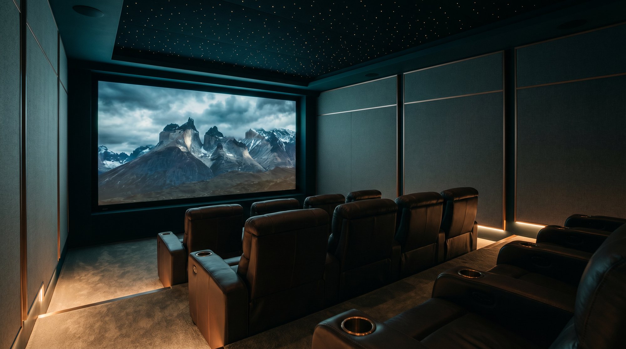 Private home cinema with tiered leather seating and a star-field ceiling