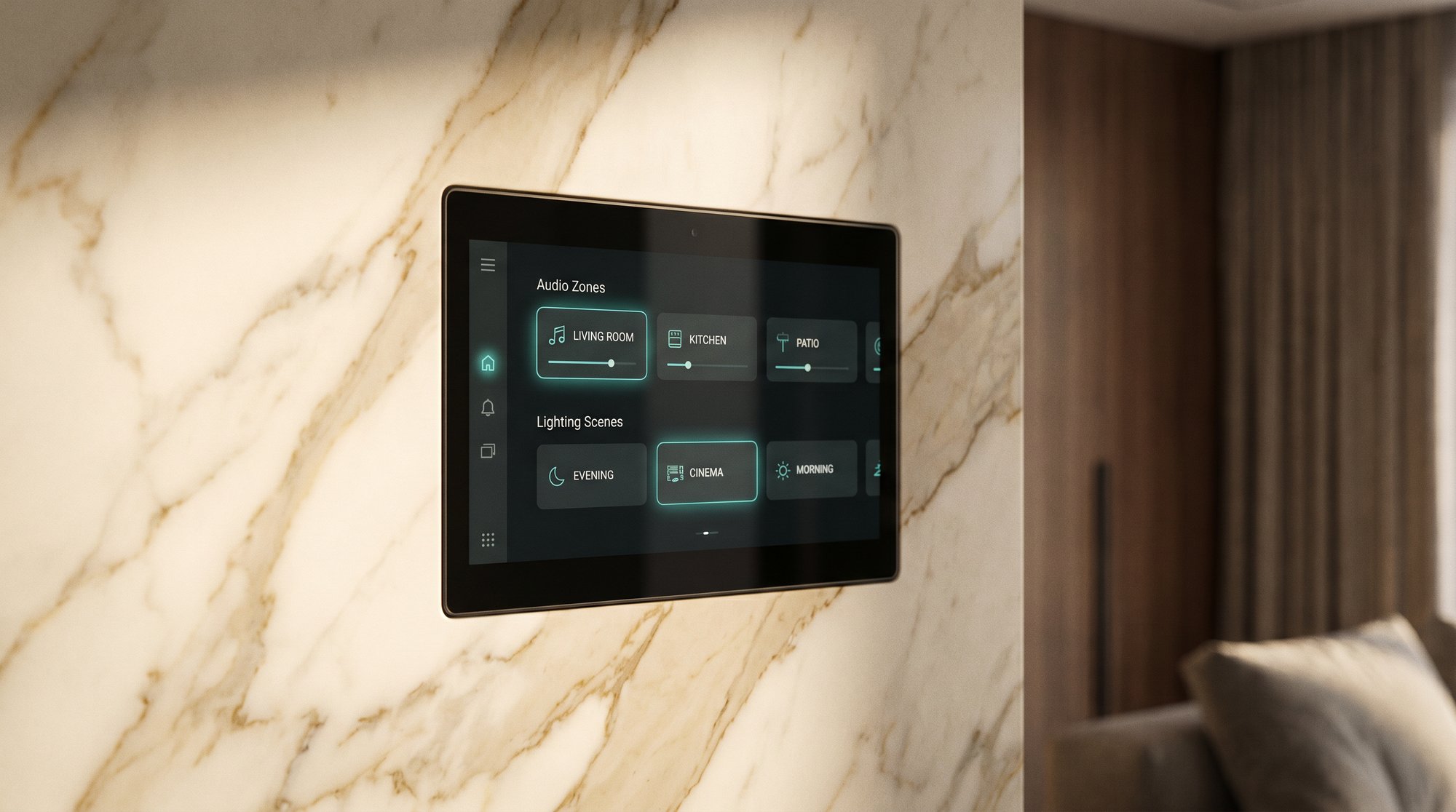 In-wall smart home touchscreen on marble, showing audio zones and lighting scenes