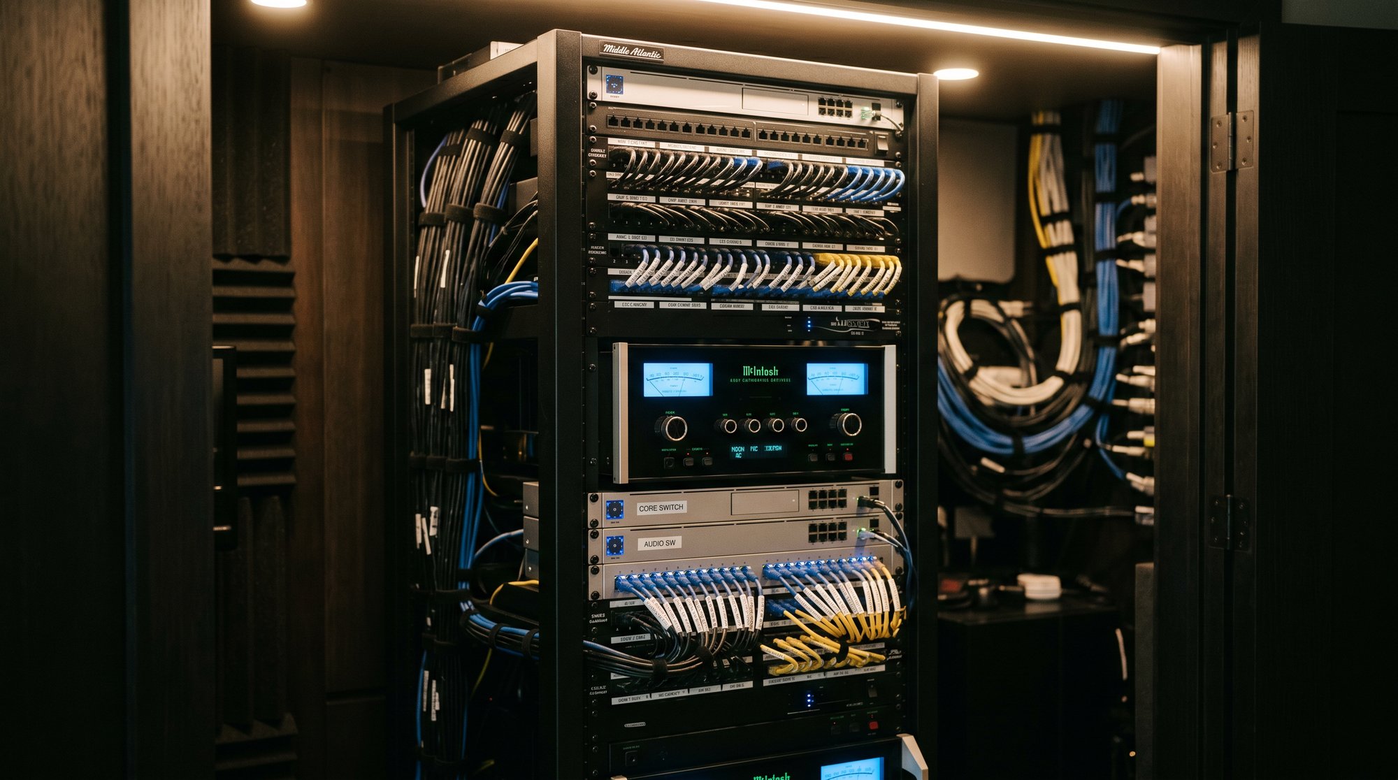 Residential AV equipment rack with neatly labeled amplifiers and switches