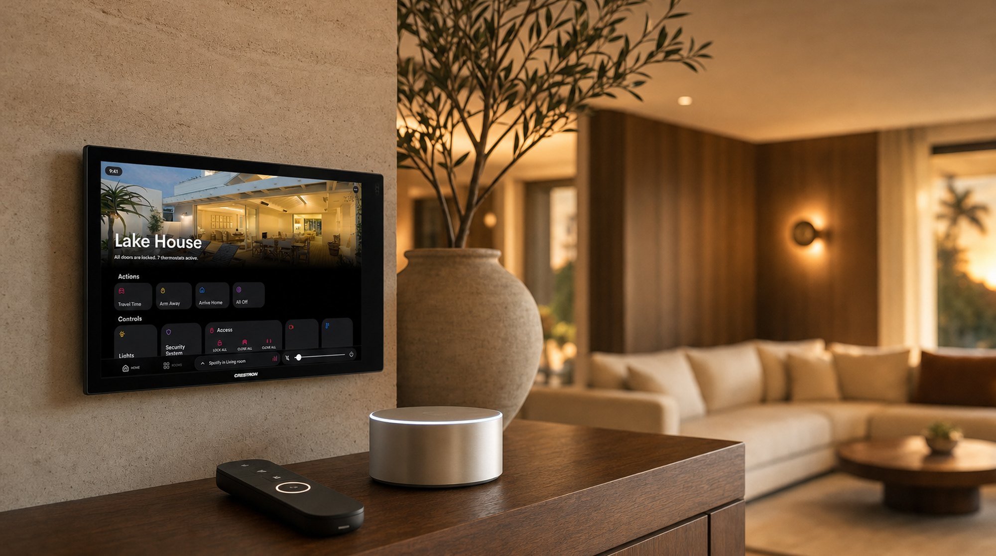 A Crestron OS4 touch panel on a travertine wall with a handheld remote and voice puck on a walnut credenza — three luxury smart home control platforms in one room