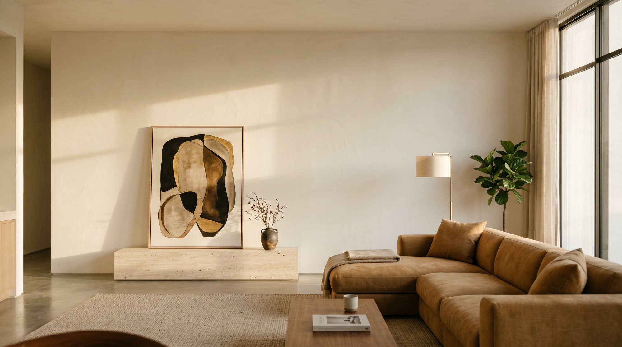 Modern living room with smooth plaster walls and no visible speakers