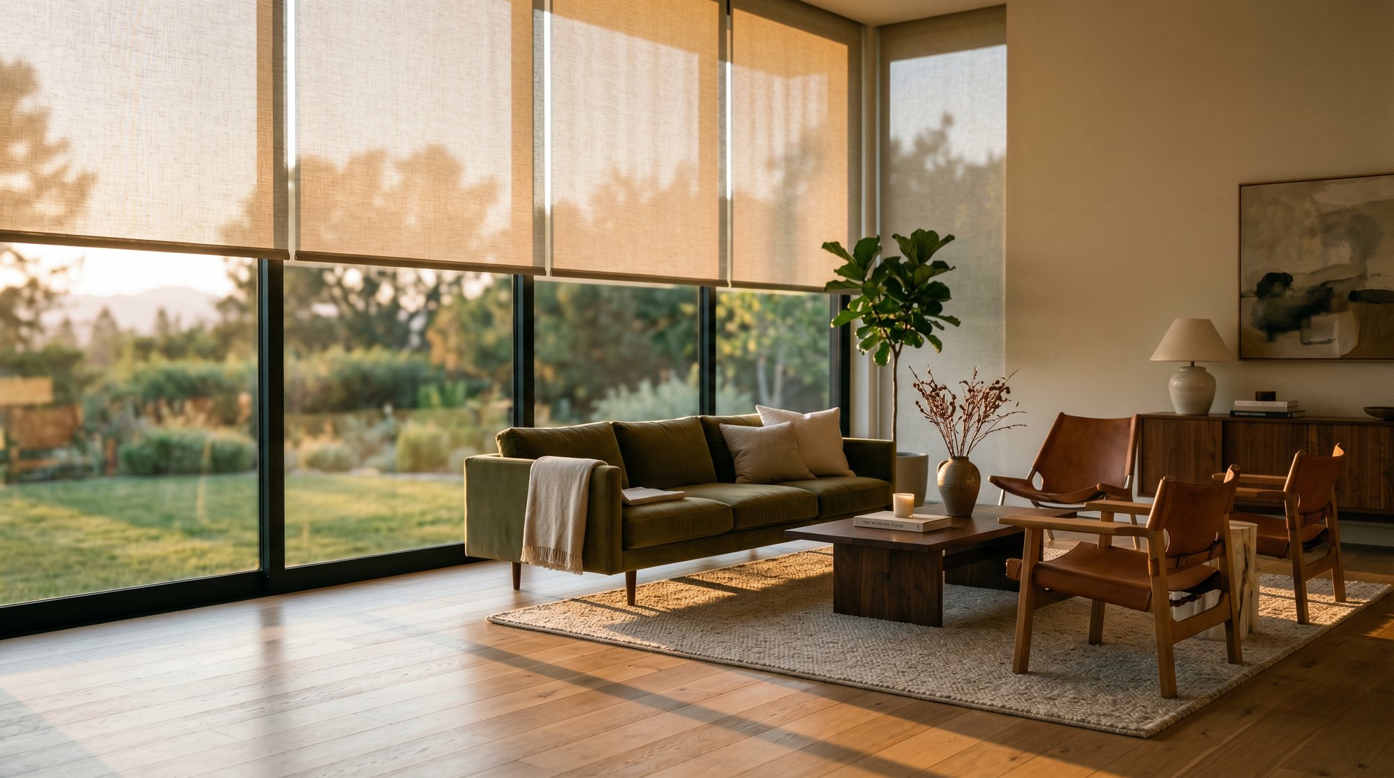 Modern living room at golden hour with automated linen roller shades