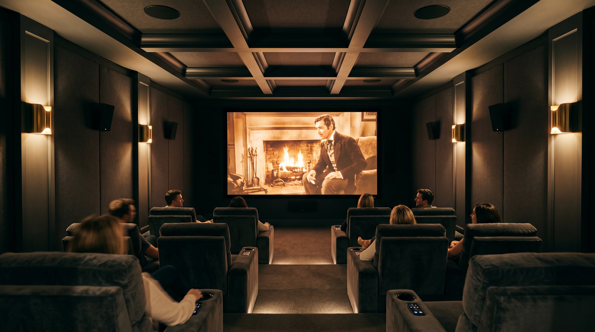 Luxury private home cinema with tiered seating and acoustic wall panels