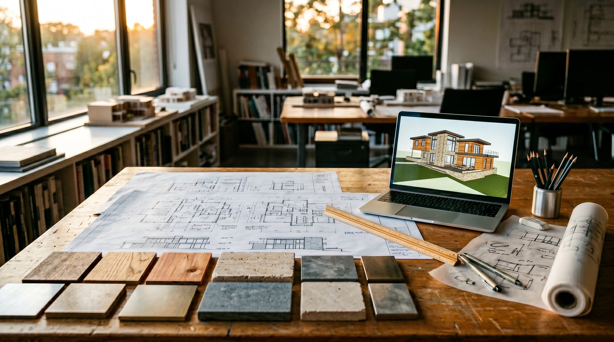 Architect's studio desk with blueprints and a 3D home model on a laptop