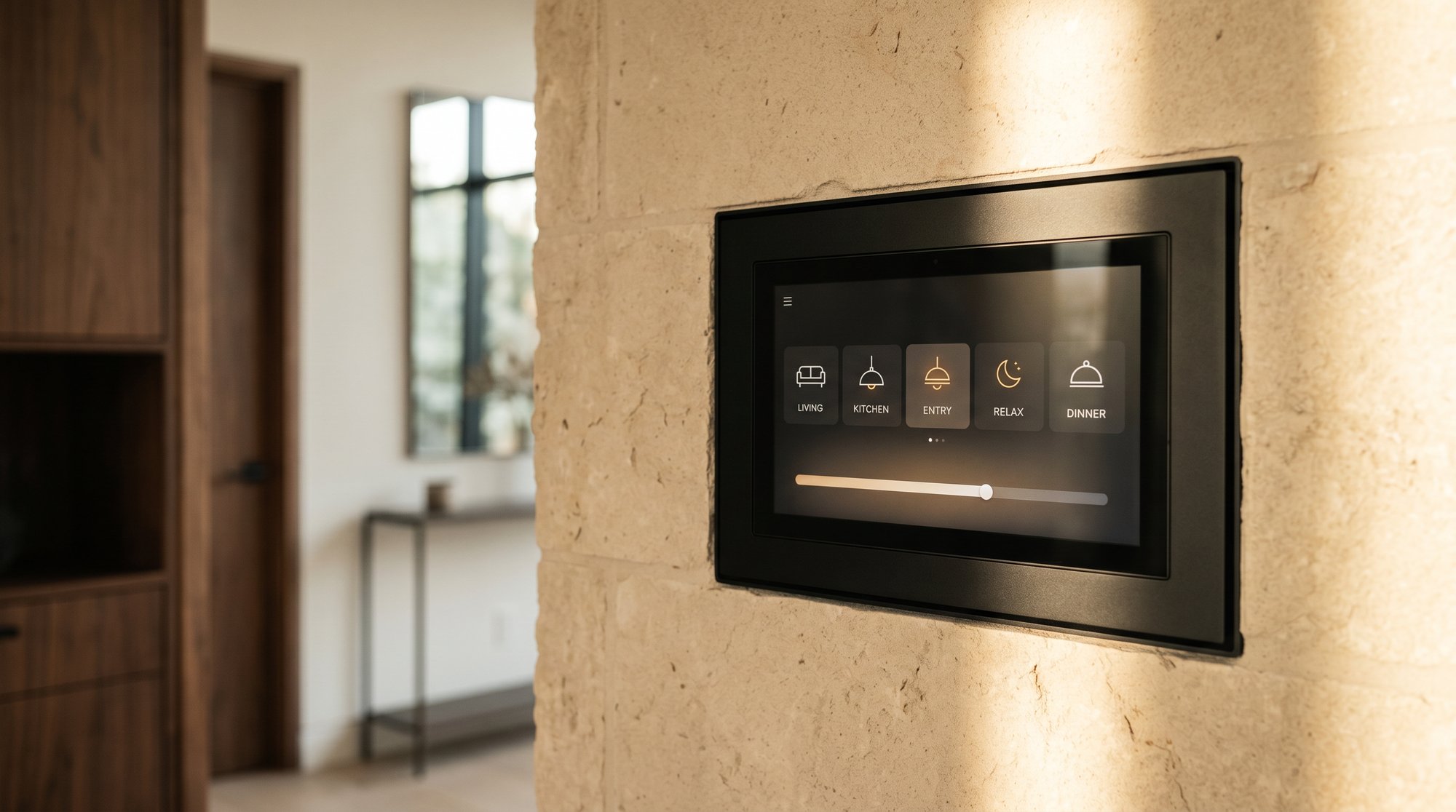 Black touch panel flush-mounted in a warm limestone wall