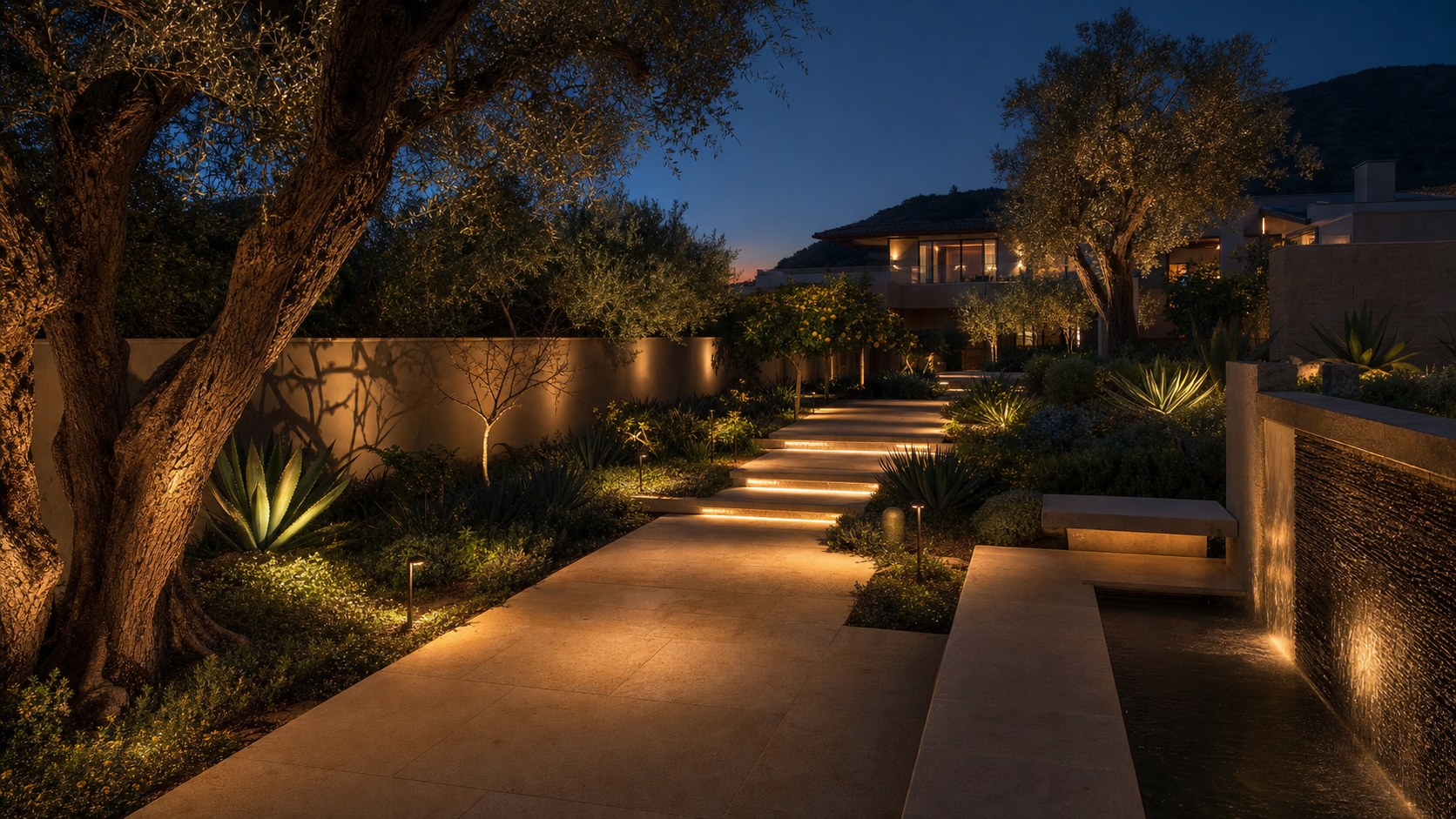 Landscape lighting at twilight with warm path lights, tree uplights, hidden step lights, and a fountain wall wash