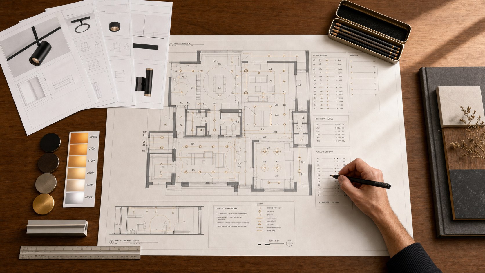 Reflected ceiling plan with fixture schedule, dimming zone legend, and Kelvin color-temperature swatches on a walnut studio table