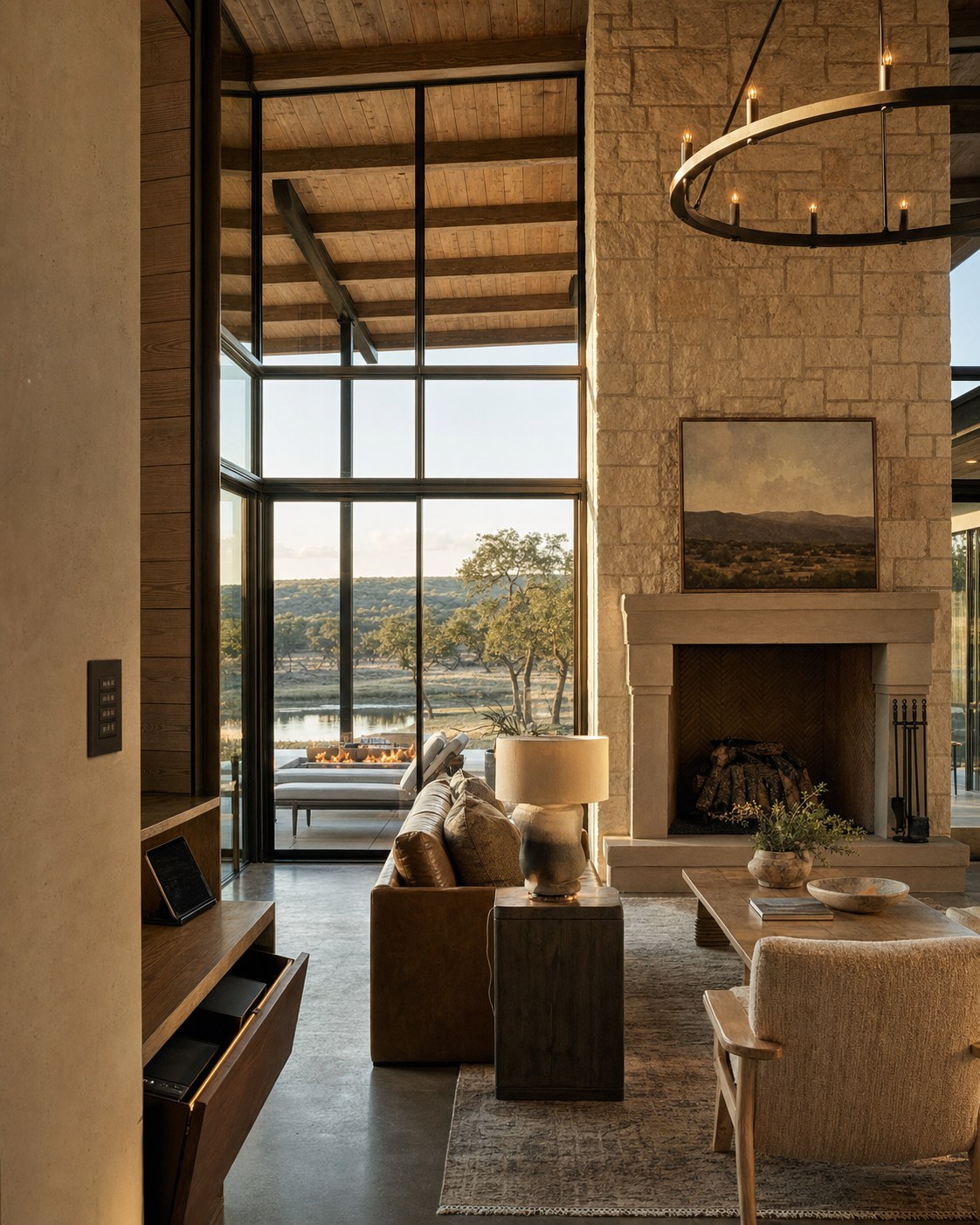 Texas Hill Country ranch estate near Austin at golden hour — limestone great room with concealed AV and integrated shades
