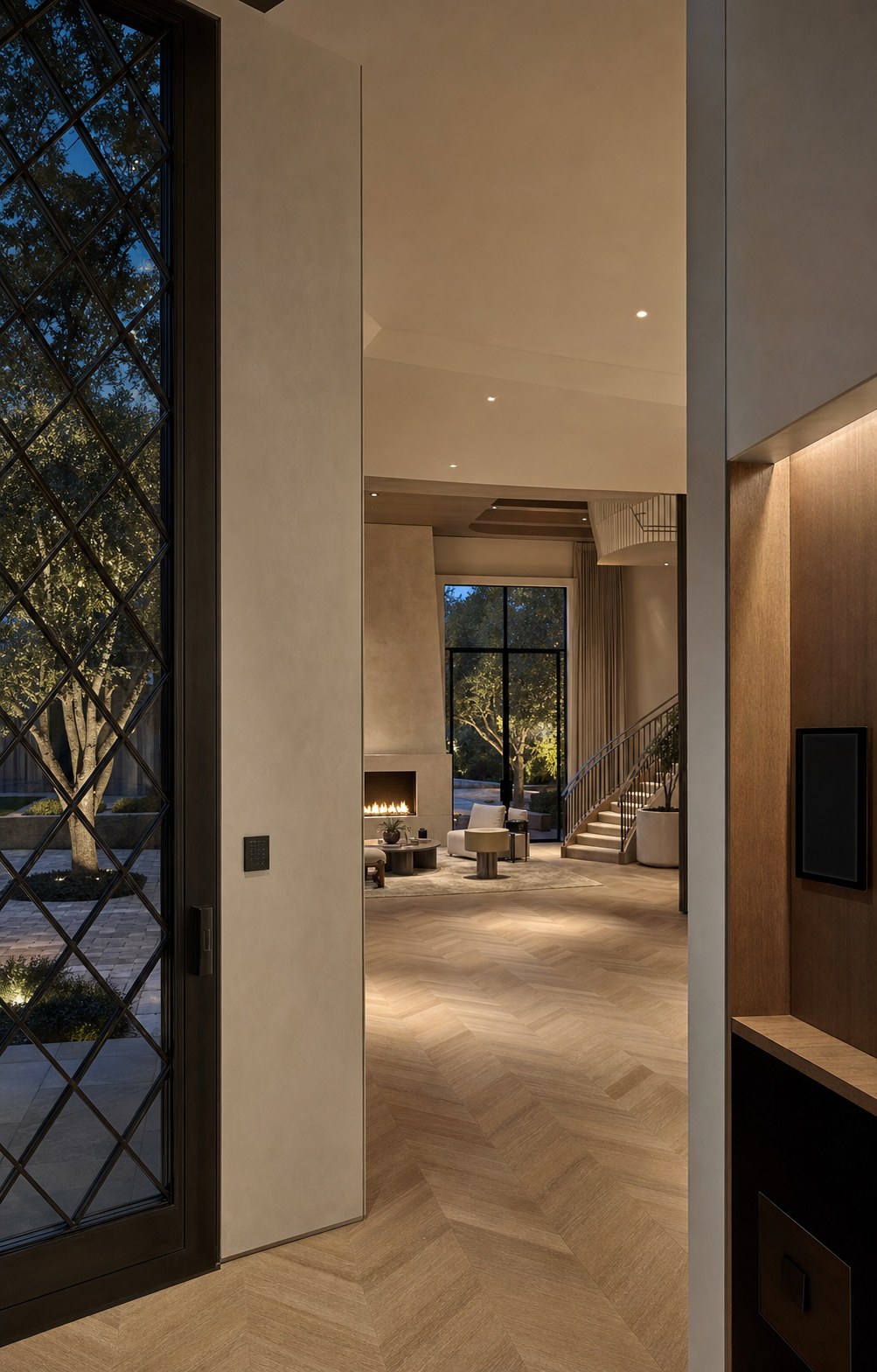 Highland Park / Preston Hollow modern Dallas estate at dusk — herringbone floors, plaster hearth, and concealed integration