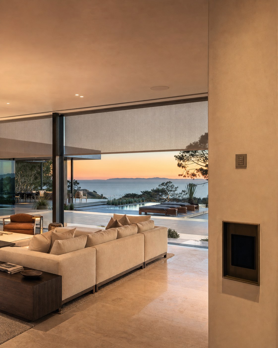 Newport Coast, Orange County contemporary coastal home at dusk — Pacific Ocean view with concealed AV integration