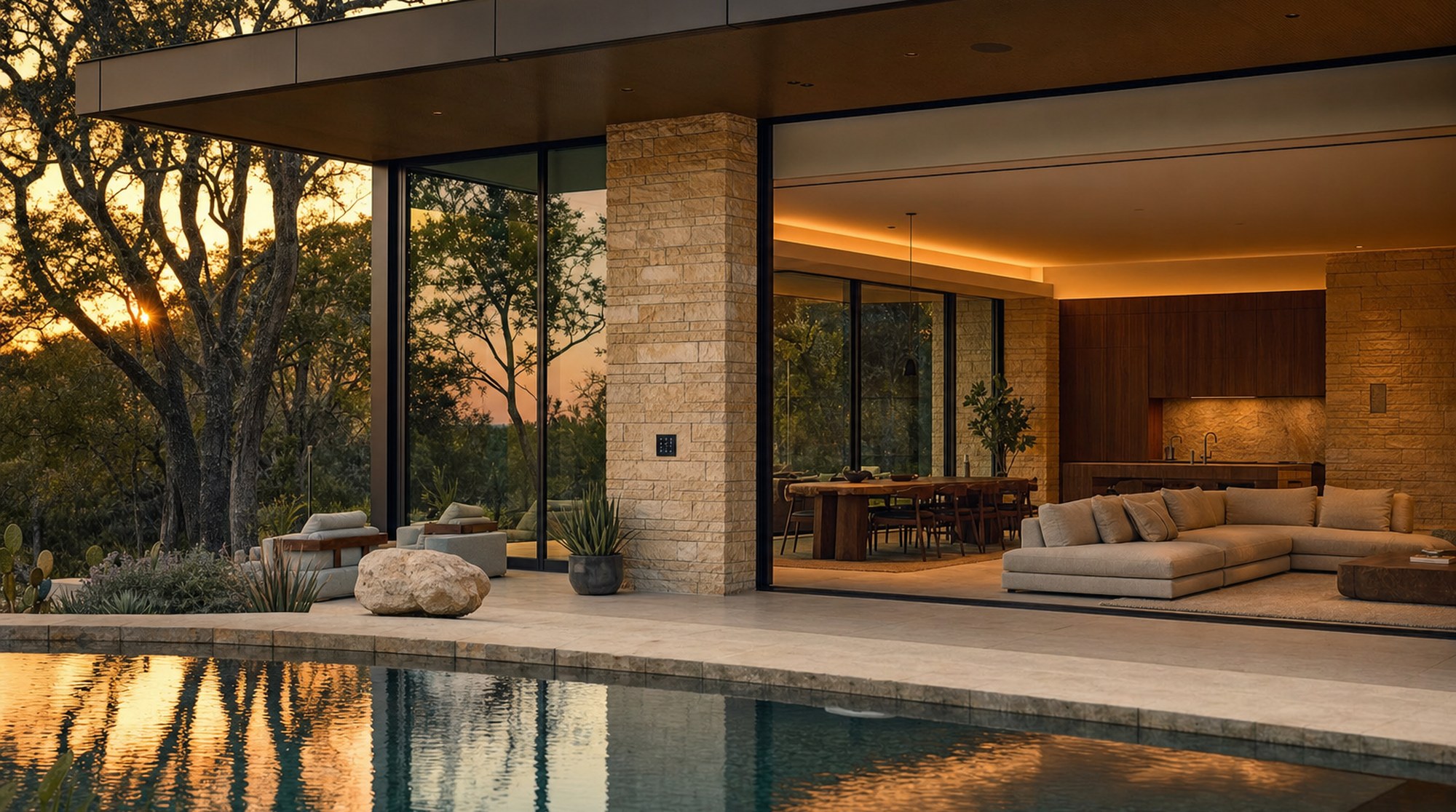 Hill Country modern residence at twilight with lift-and-shift glass and integrated systems