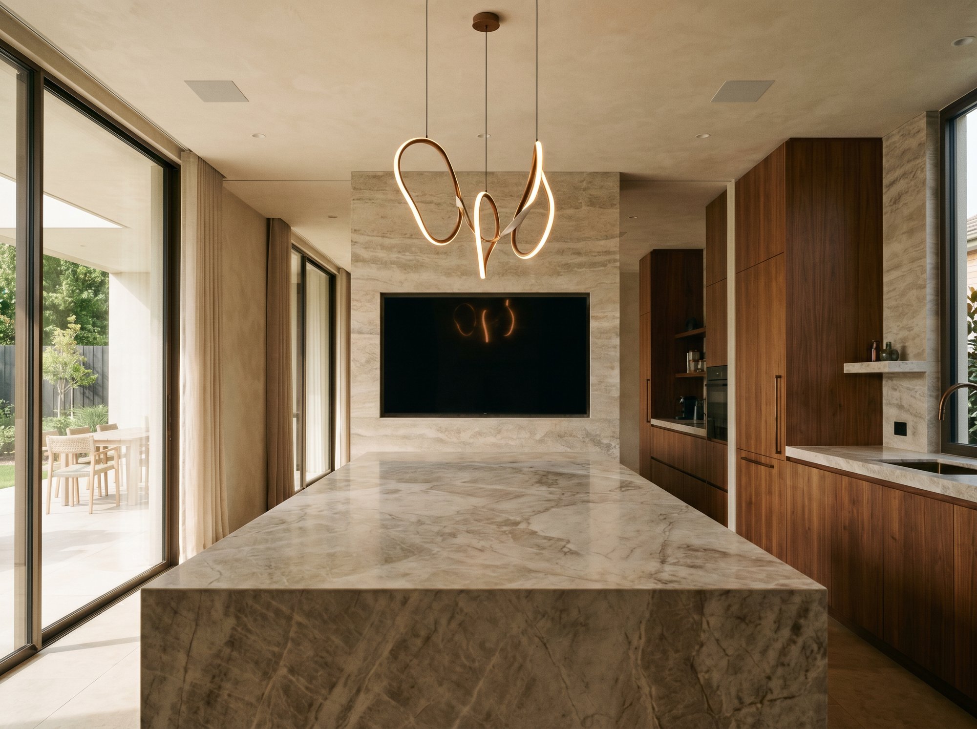 Marble kitchen with integrated flush-mount TV