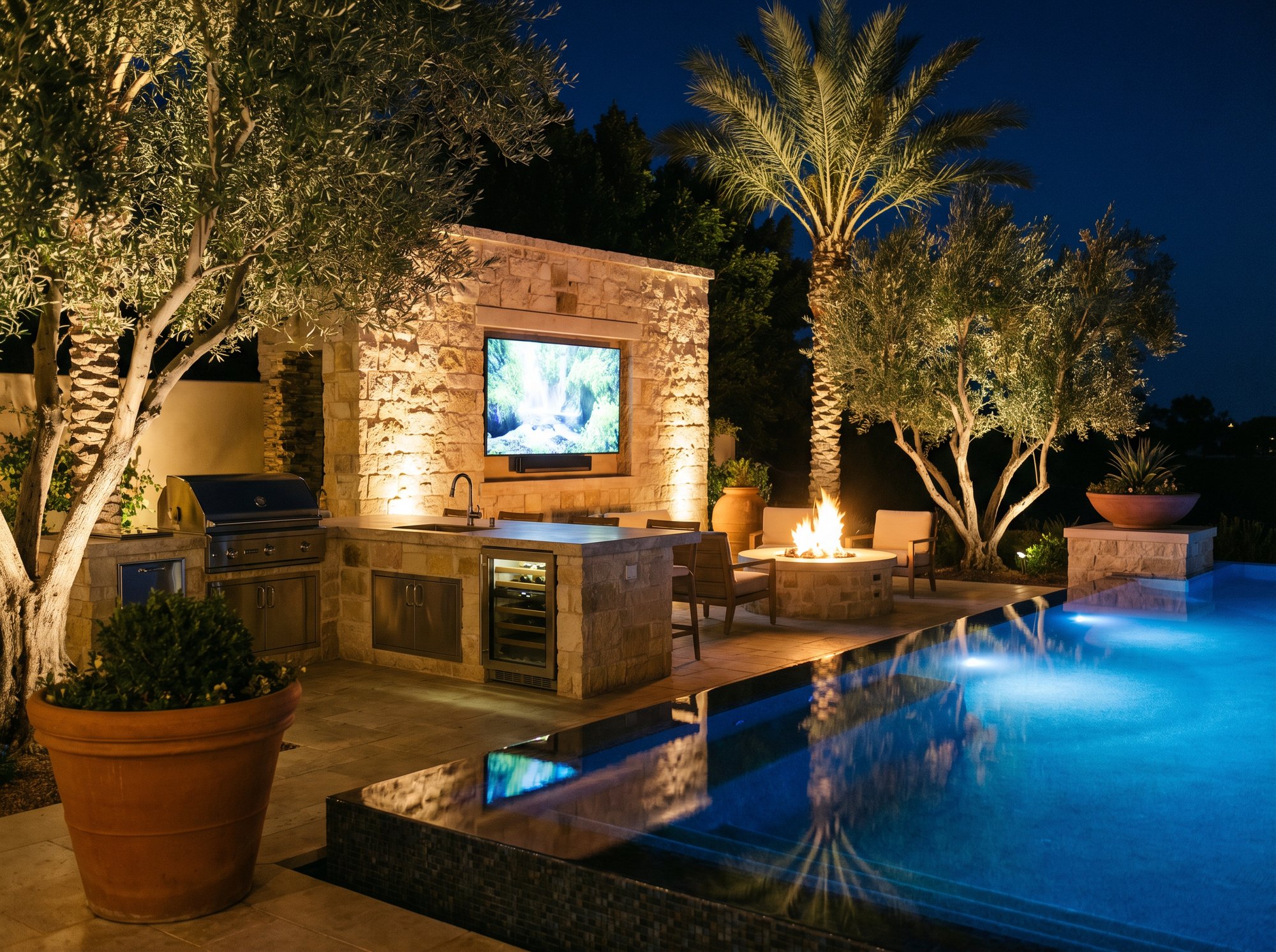 Outdoor entertaining area with integrated TV and firepit